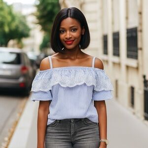guess blue striped cold shoulder crop top June sale